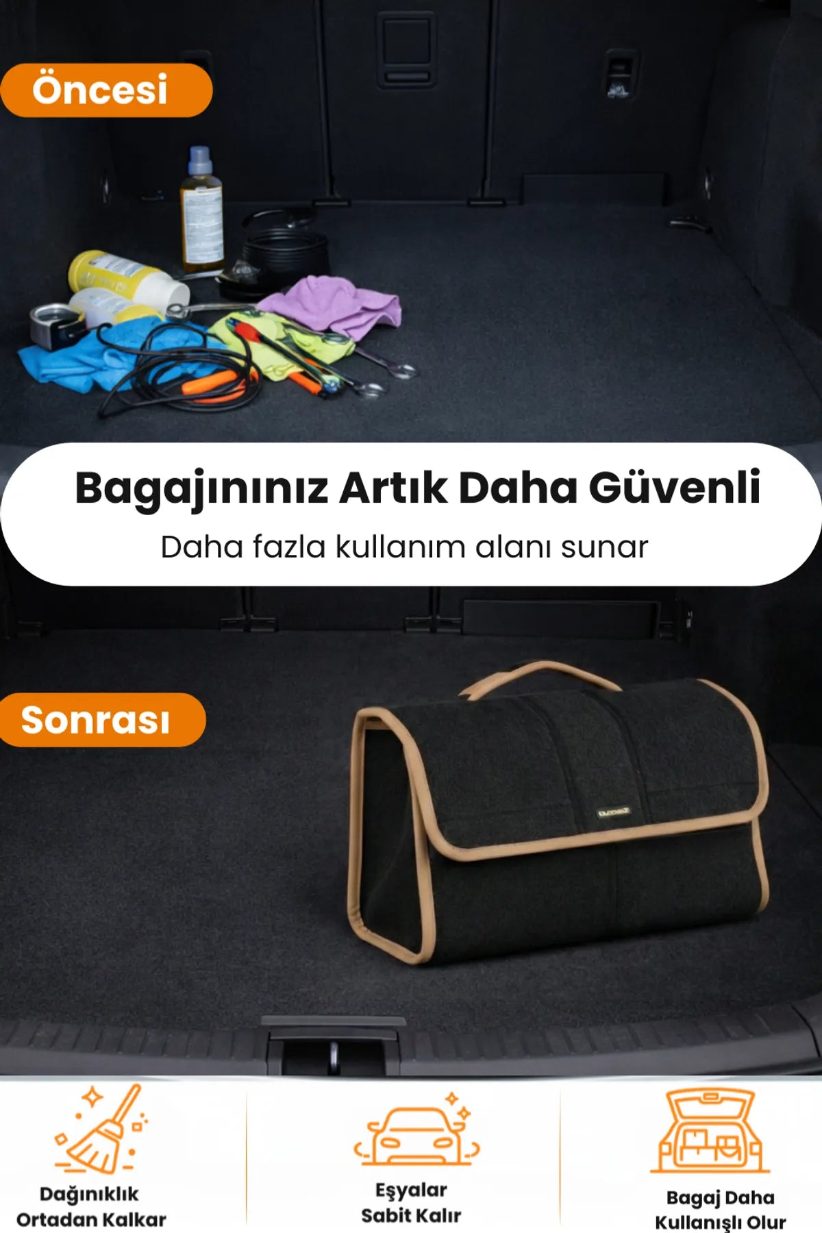 Oto Bagaj Çantası L Boy Kaymaz Cırt Bantlı Velur Kompakt Düzenleyici