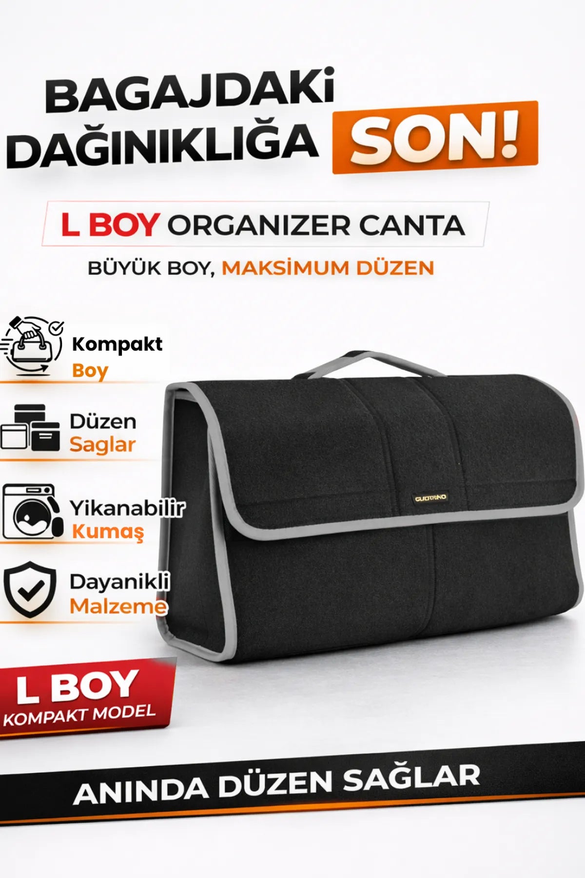 Oto Bagaj Çantası L Boy Kaymaz Cırt Bantlı Velur Kompakt Düzenleyici