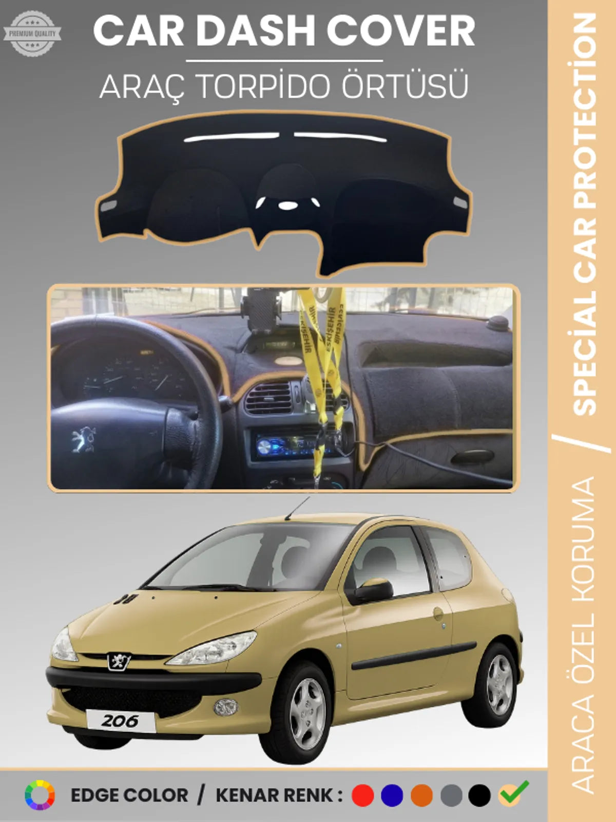 PEUGEOT 206 BÜYÜK EKRAN (1998-2003) Uyumlu Torpido Örtüsü Araca Özel Ön Göğüs Koruma