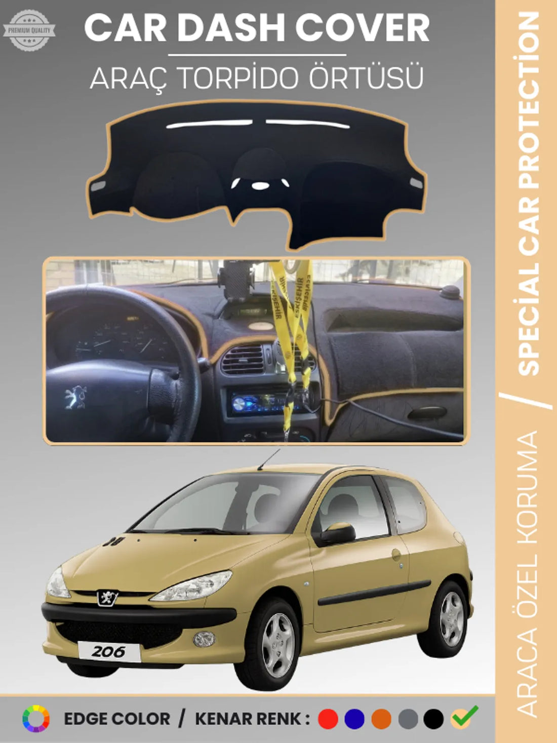 PEUGEOT 206 BÜYÜK EKRAN (1998-2003) Uyumlu Torpido Örtüsü Araca Özel Ön Göğüs Koruma