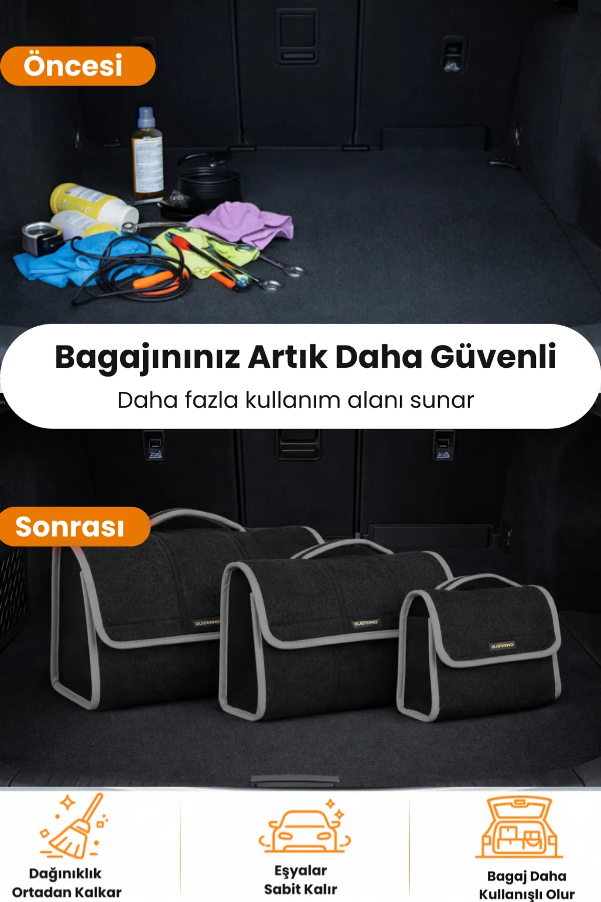 Oto Bagaj Çantası 3'lü Kombo Boy Kaymaz Cırt Bantlı Velur Kompakt Düzenleyici