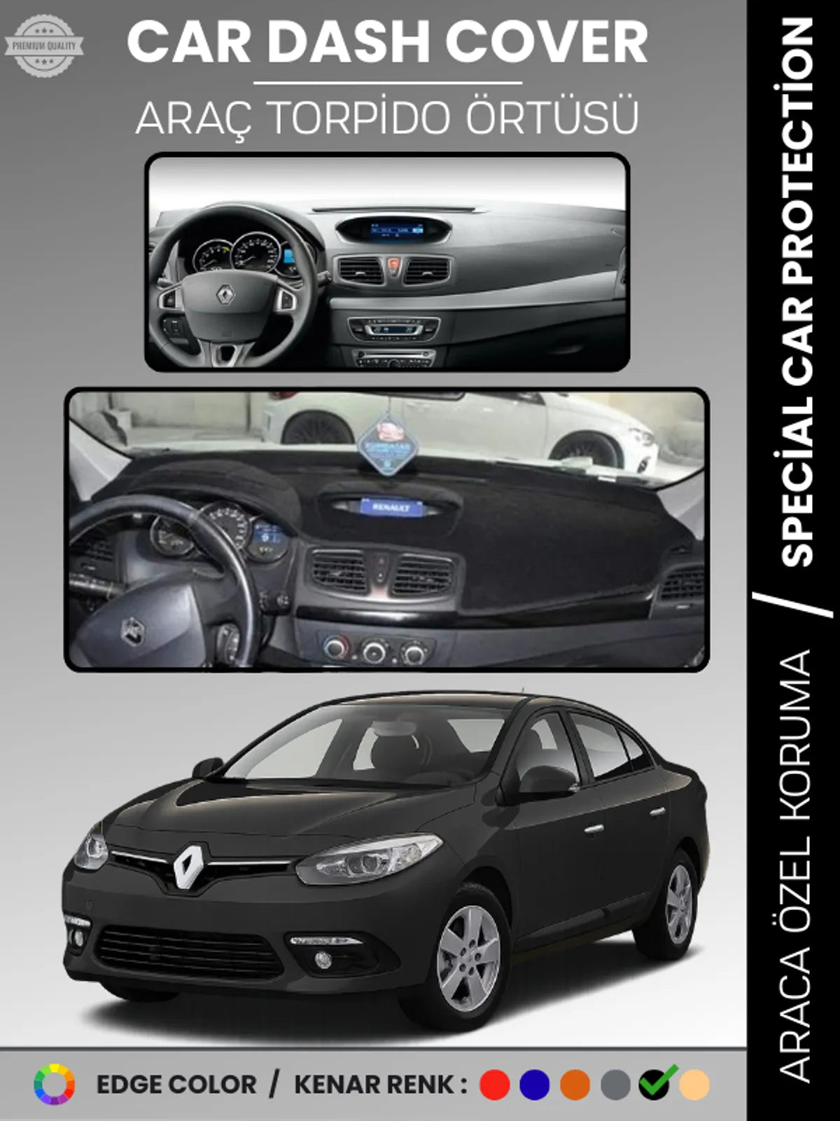 RENAULT FLUENCE NAVİGASYONSUZ KÜÇÜK EKRANLI (2009-2013) Uyumlu Torpido Örtüsü Araca Özel Ön Göğüs Koruma