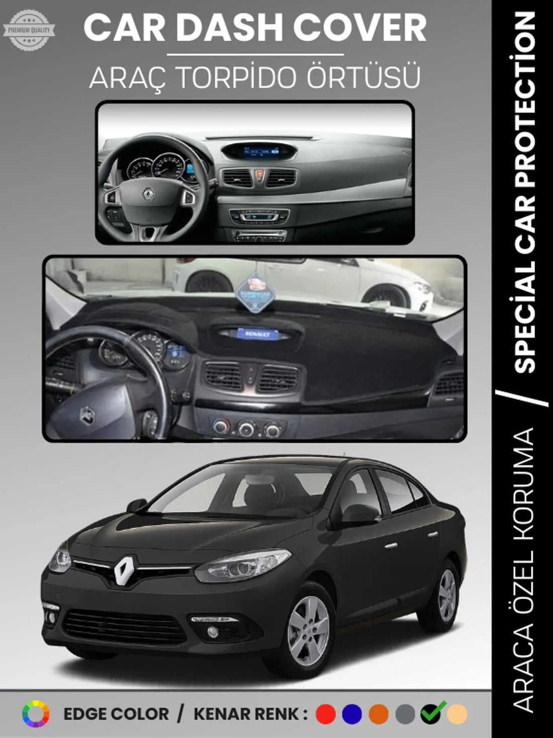 RENAULT FLUENCE NAVİGASYONSUZ KÜÇÜK EKRANLI (2009-2013) Uyumlu Torpido Örtüsü Araca Özel Ön Göğüs Koruma