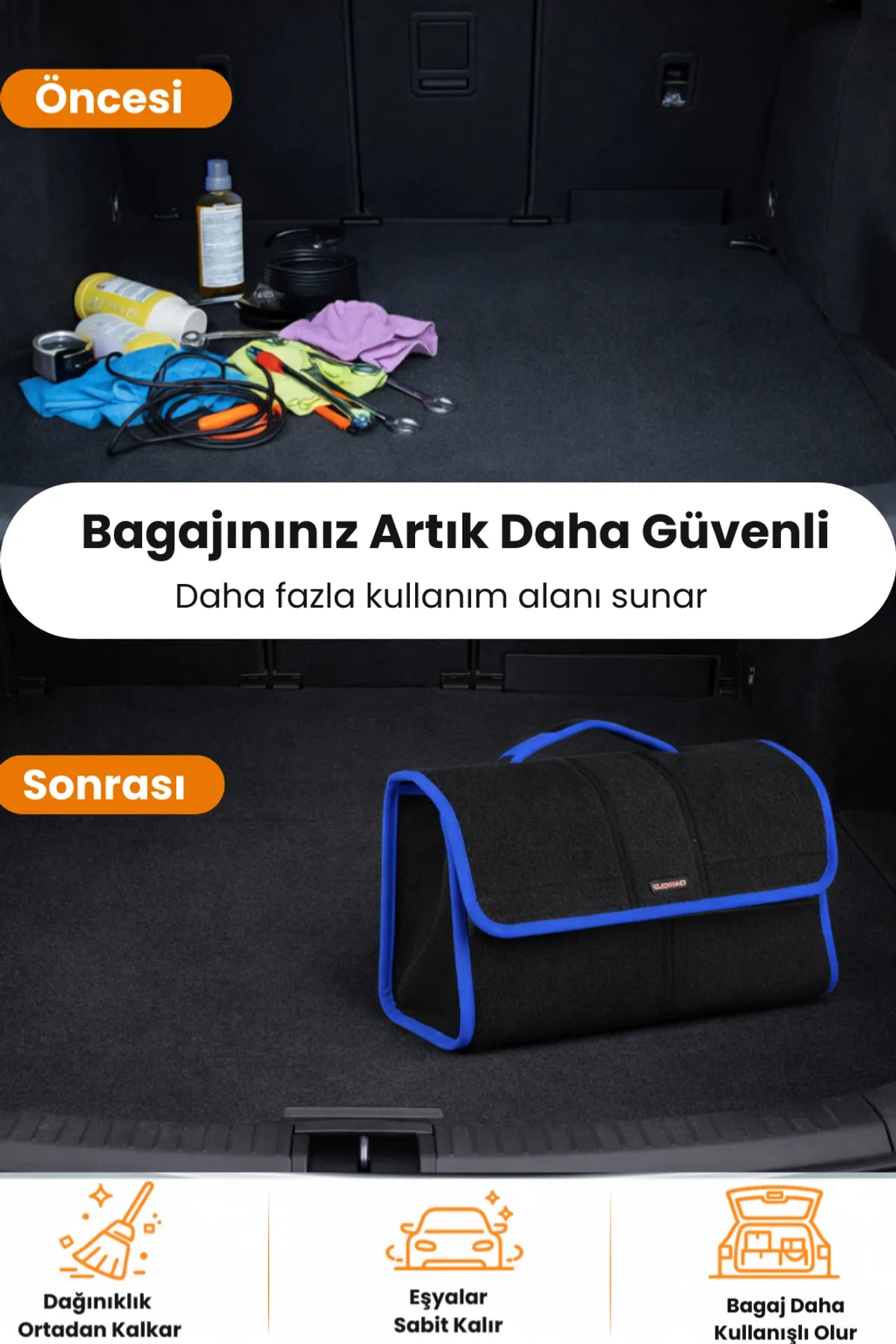 Oto Bagaj Çantası L Boy Kaymaz Cırt Bantlı Velur Kompakt Düzenleyici