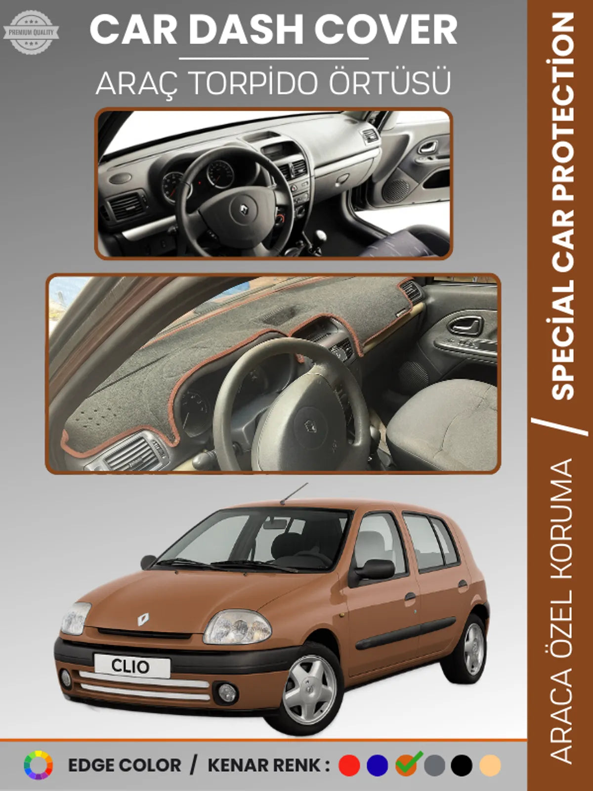 RENAULT CLIO 2 EKRANLI + ÇUKURLU (2001-2012) Uyumlu Torpido Örtüsü Araca Özel Ön Göğüs Koruma