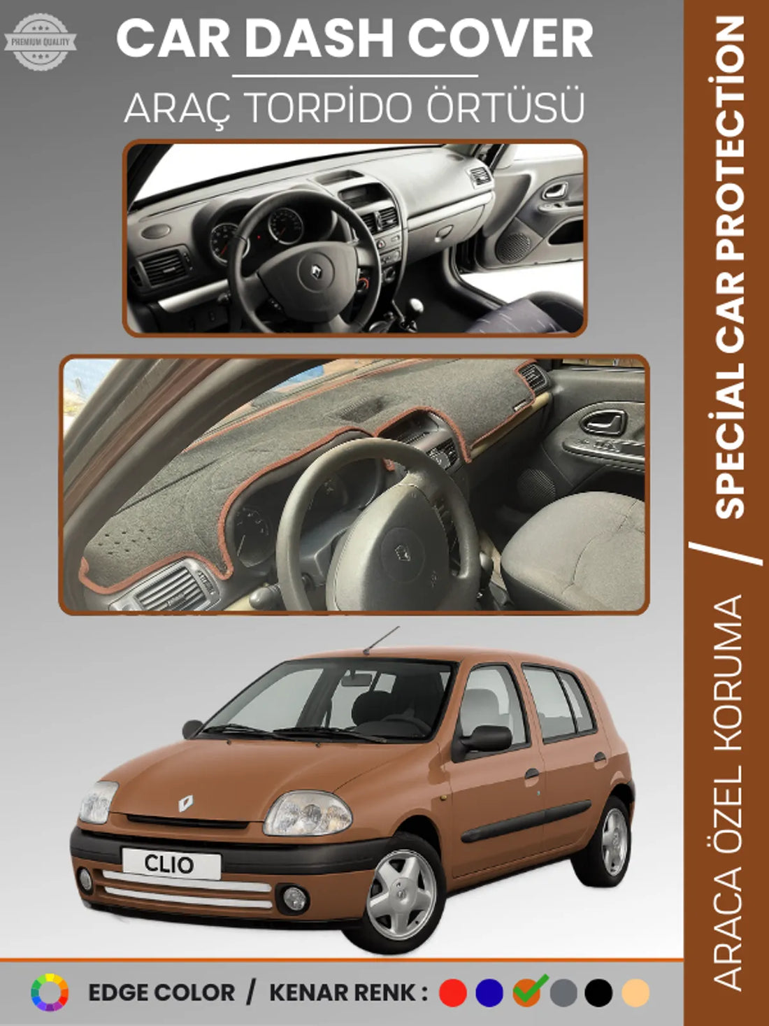 RENAULT CLIO 2 EKRANLI + ÇUKURLU (2001-2012) Uyumlu Torpido Örtüsü Araca Özel Ön Göğüs Koruma