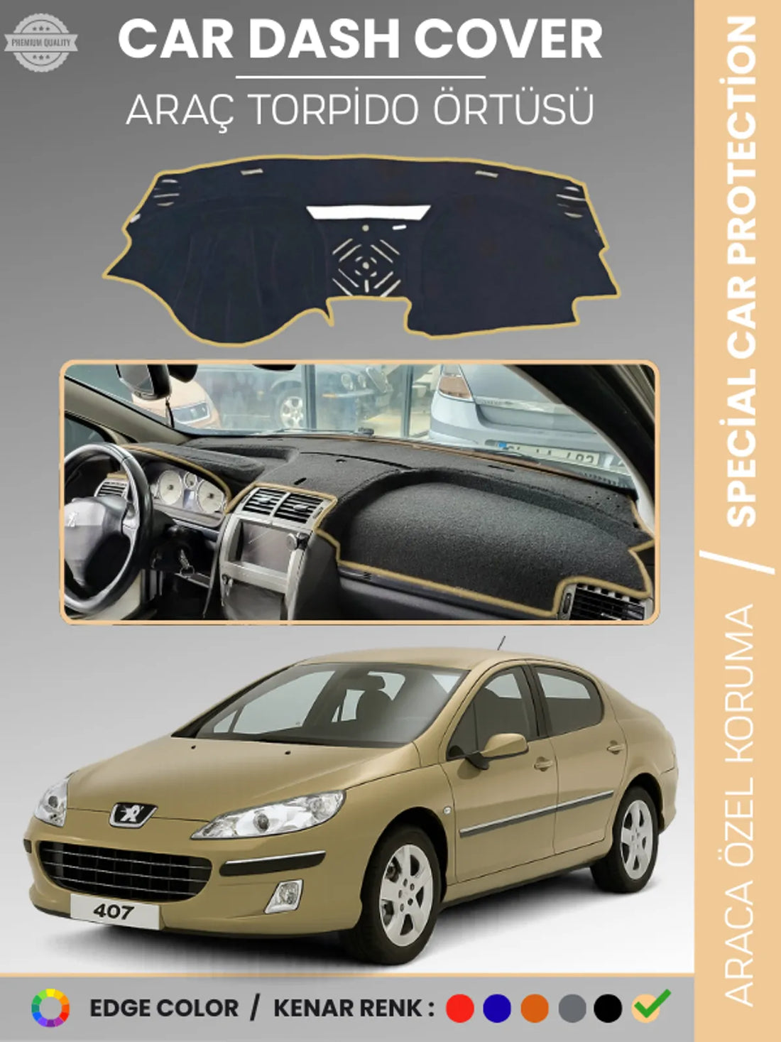 PEUGEOT 407 (2004-2010) Uyumlu Torpido Örtüsü Araca Özel Ön Göğüs Koruma