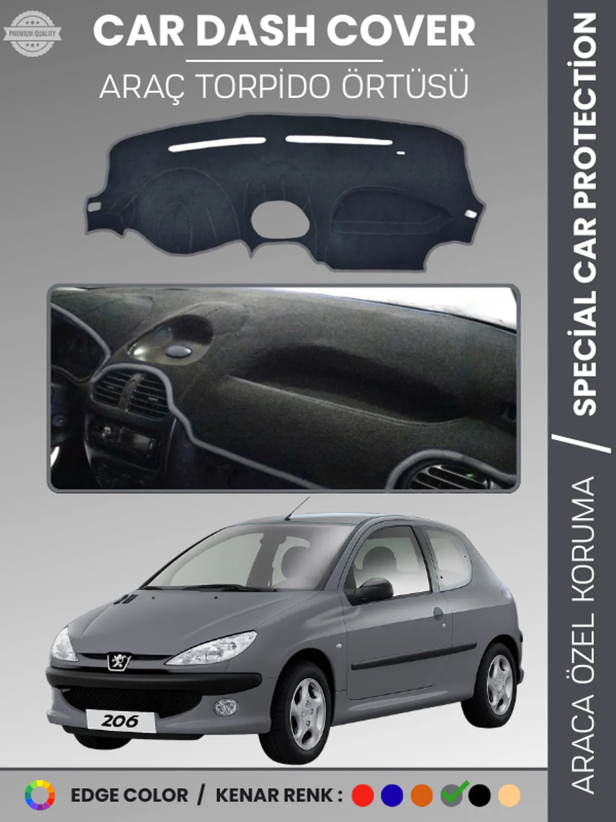 PEUGEOT 206 KÜÇÜK EKRAN (1998-2003) Uyumlu Torpido Örtüsü Araca Özel Ön Göğüs Koruma