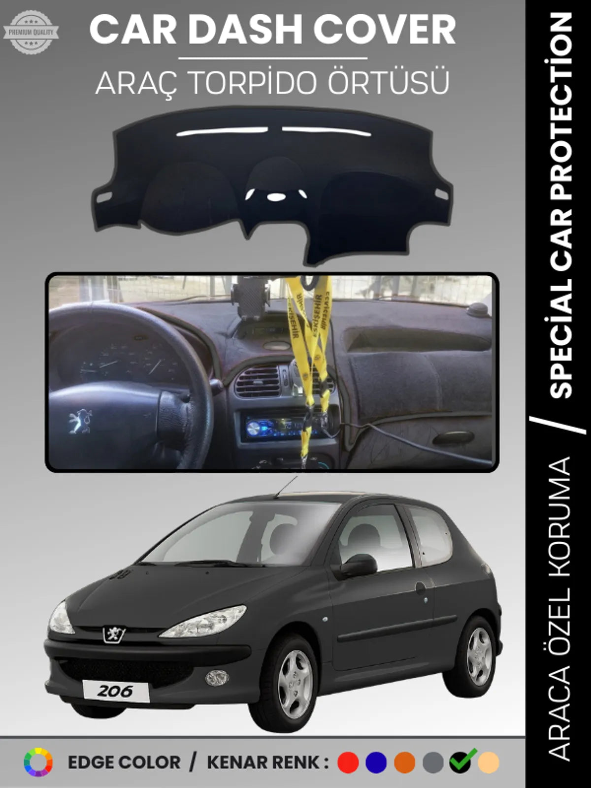 PEUGEOT 206 BÜYÜK EKRAN (1998-2003) Uyumlu Torpido Örtüsü Araca Özel Ön Göğüs Koruma