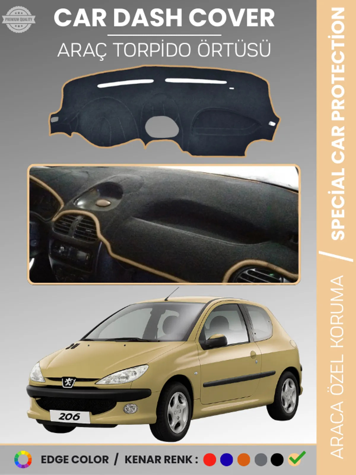 PEUGEOT 206 KÜÇÜK EKRAN (1998-2003) Uyumlu Torpido Örtüsü Araca Özel Ön Göğüs Koruma