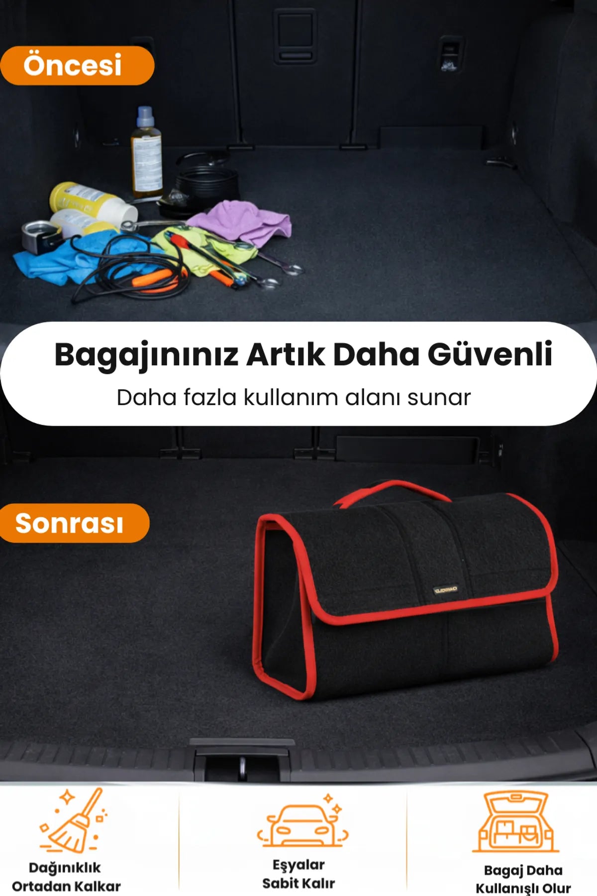Oto Bagaj Çantası L Boy Kaymaz Cırt Bantlı Velur Kompakt Düzenleyici