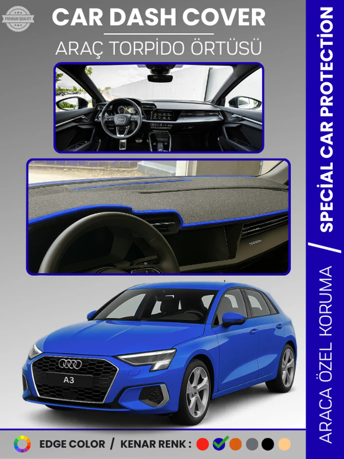 AUDİ A3 (2020+) Uyumlu Torpido Örtüsü Araca Özel Ön Göğüs Koruma