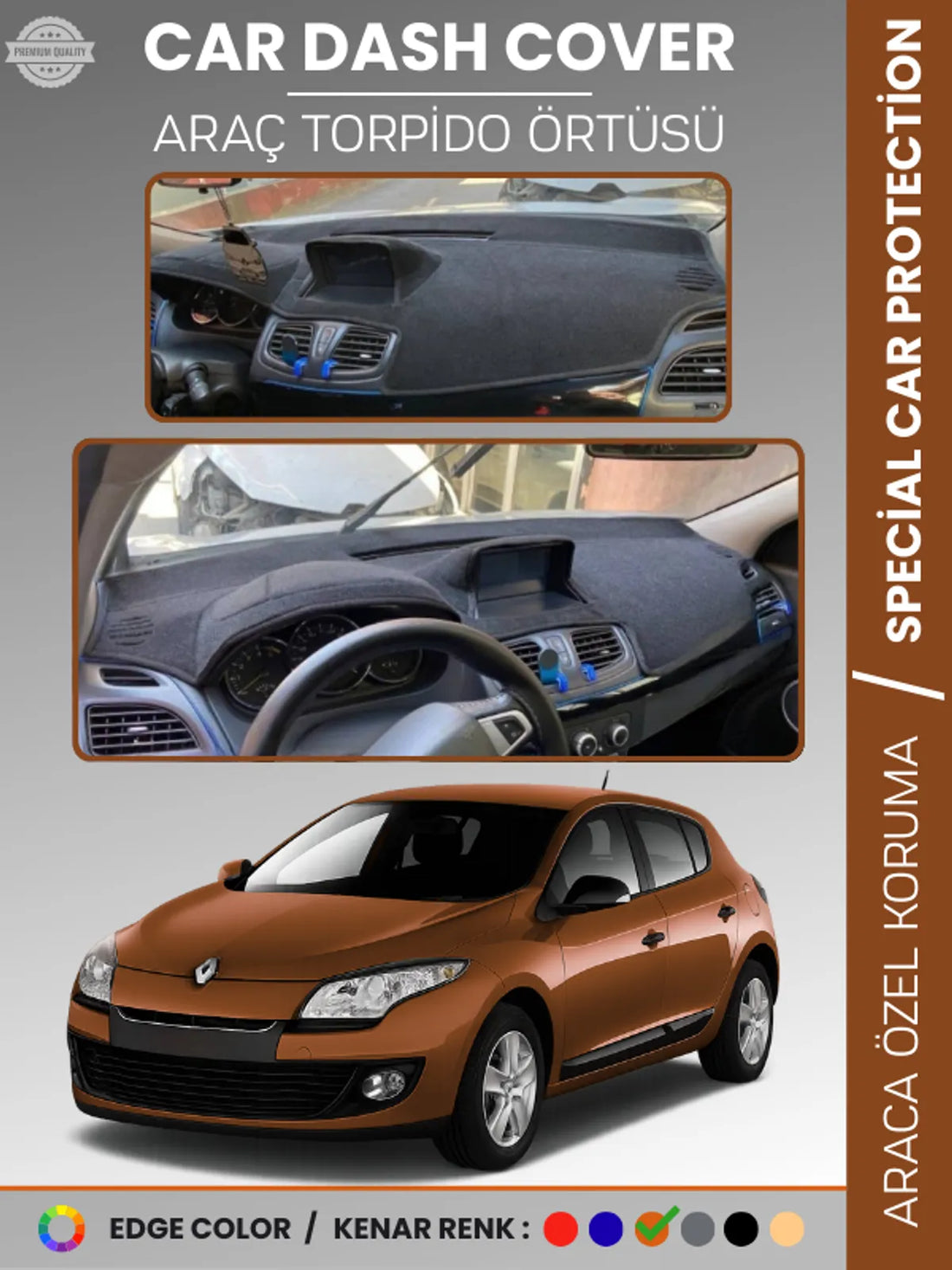 RENAULT MEGANE 3 NAVİGASYONLU BUYUK EKRANLI (2008-2015) Uyumlu Torpido Örtüsü Araca Özel Ön Göğüs Koruma