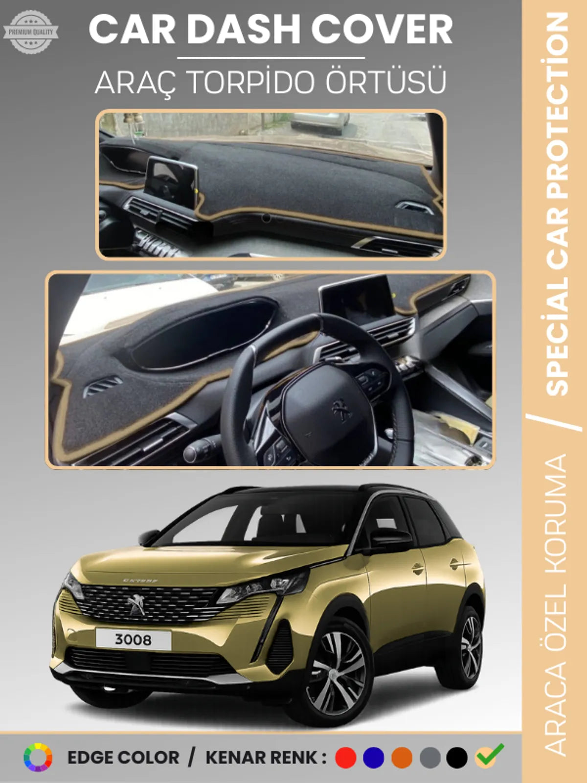 PEUGEOT 3008 EKRANLI (2021+) Uyumlu Torpido Örtüsü Araca Özel Ön Göğüs Koruma