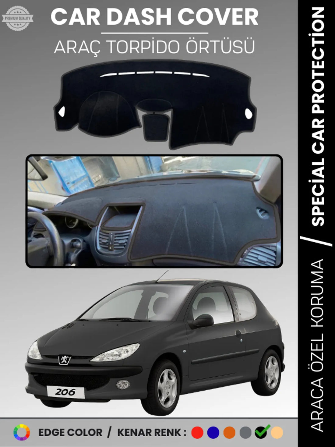 PEUGEOT 206 MAKYAJLI KASA (2003-2009) Uyumlu Torpido Örtüsü Araca Özel Ön Göğüs Koruma