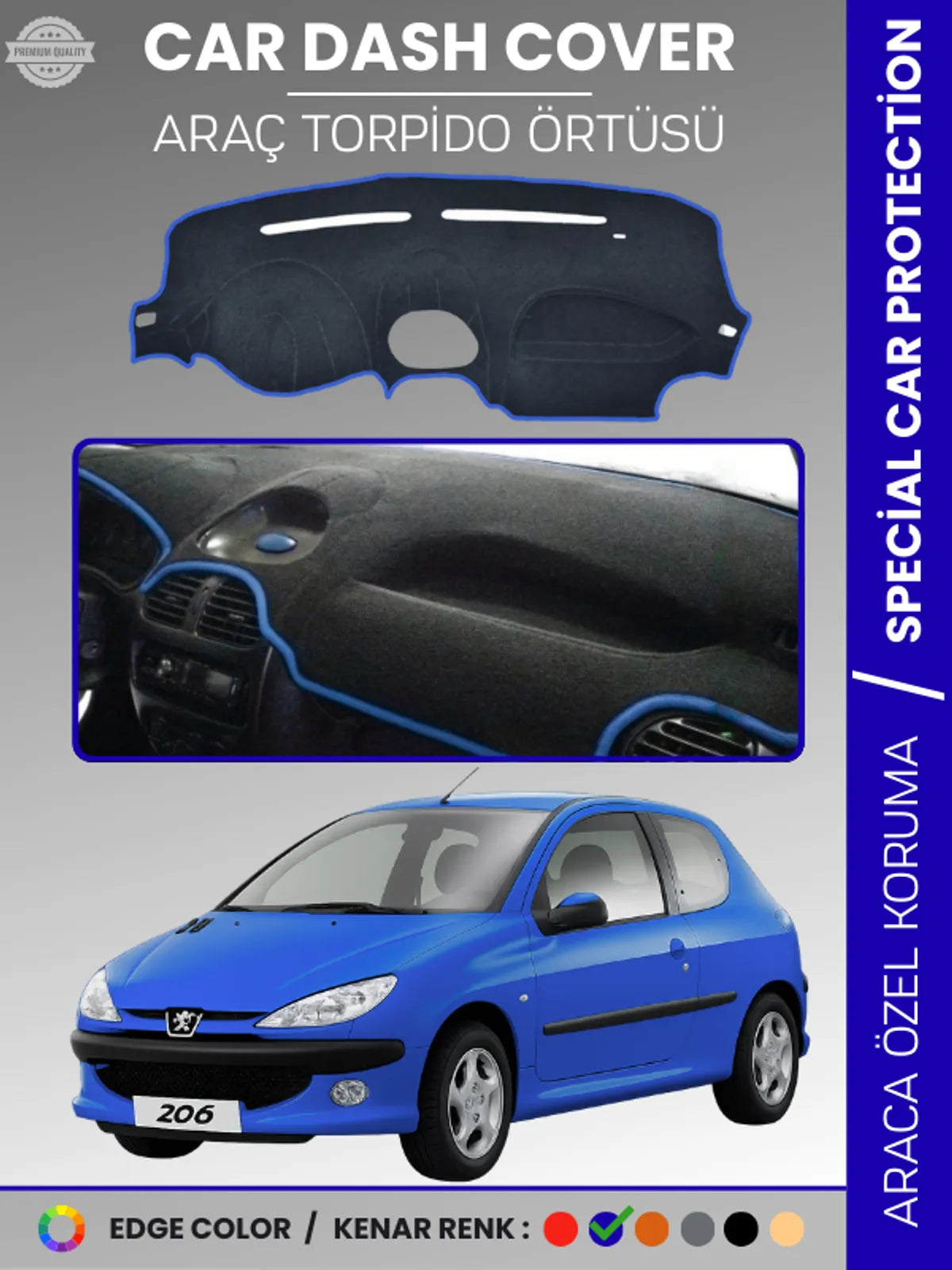 PEUGEOT 206 KÜÇÜK EKRAN (1998-2003) Uyumlu Torpido Örtüsü Araca Özel Ön Göğüs Koruma